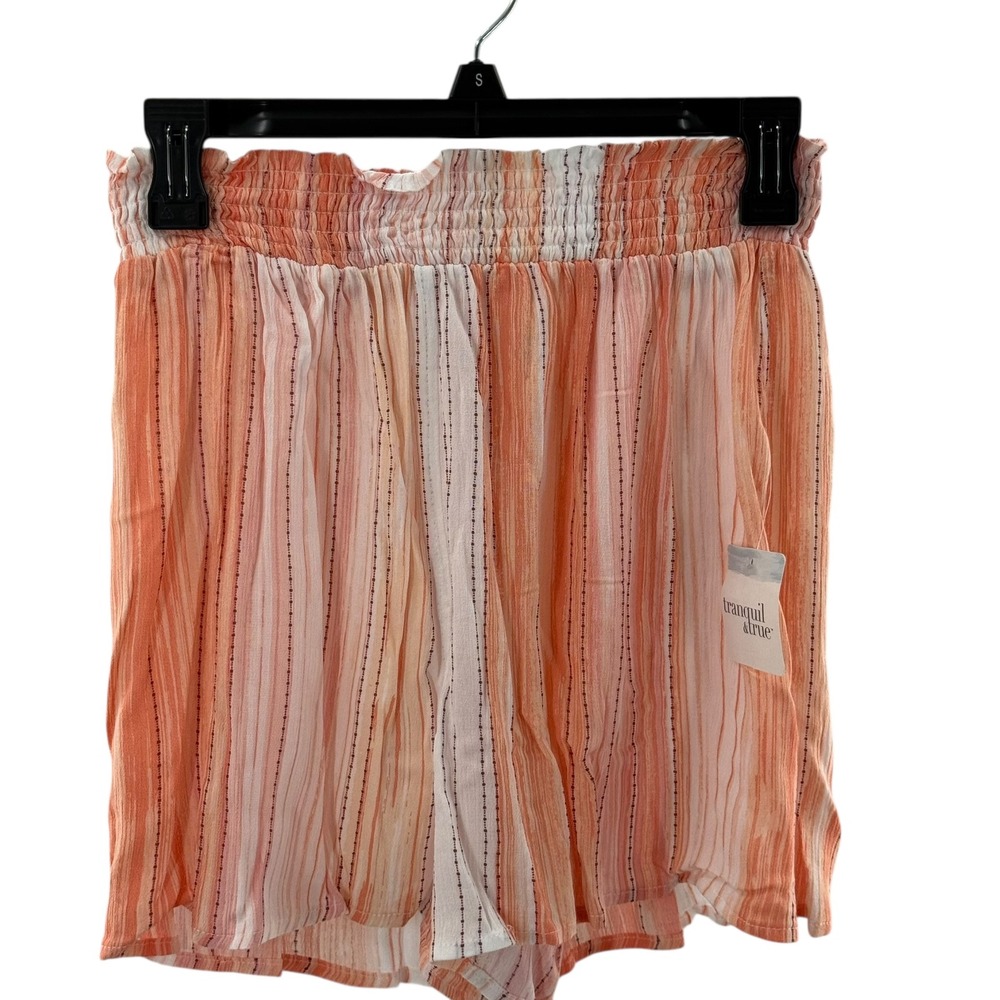 Tranquil & True Striped Shorts Smocked Waist Casual Summer Peach White Size S